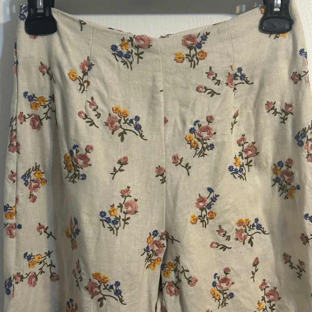Cottage embroidered floral high waist linen pants size 0